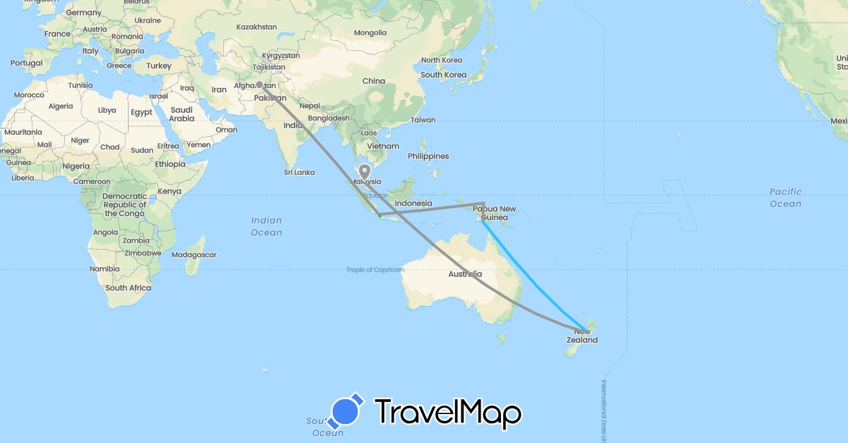 TravelMap itinerary: bus, plane, boat in Afghanistan, Indonesia, Malaysia, New Zealand (Asia, Oceania)