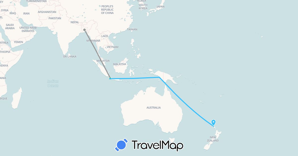 TravelMap itinerary: bus, plane, boat in Bangladesh, Indonesia, New Zealand (Asia, Oceania)